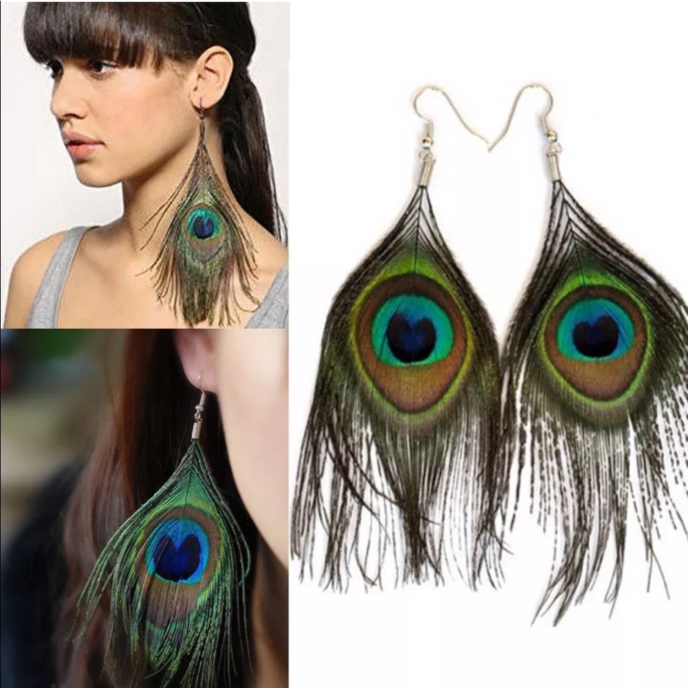 Large Peacock Feather Earrings NWT